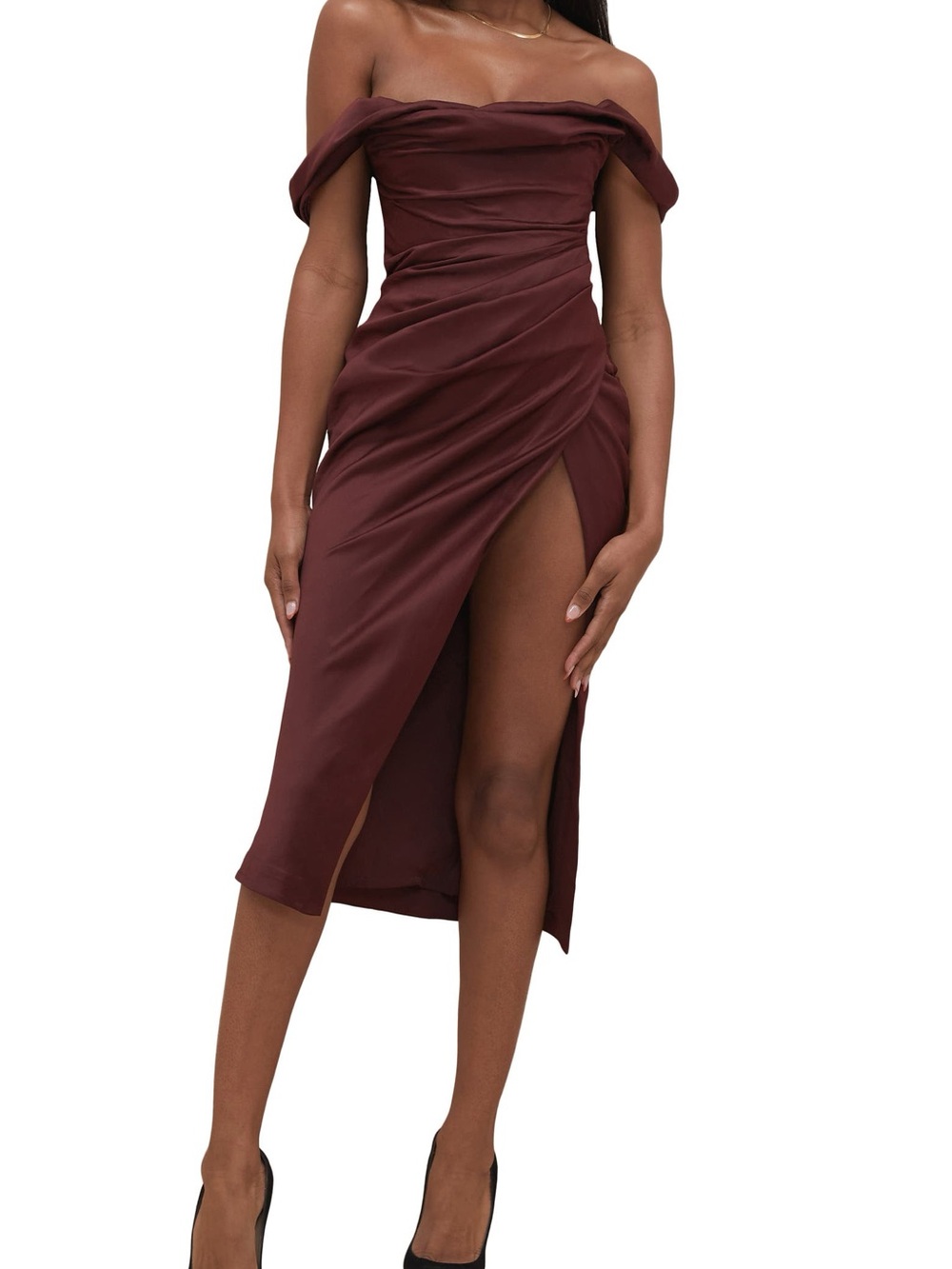 House of CB Rhoda Off-the-Shoulder Corset Dress in Raisin